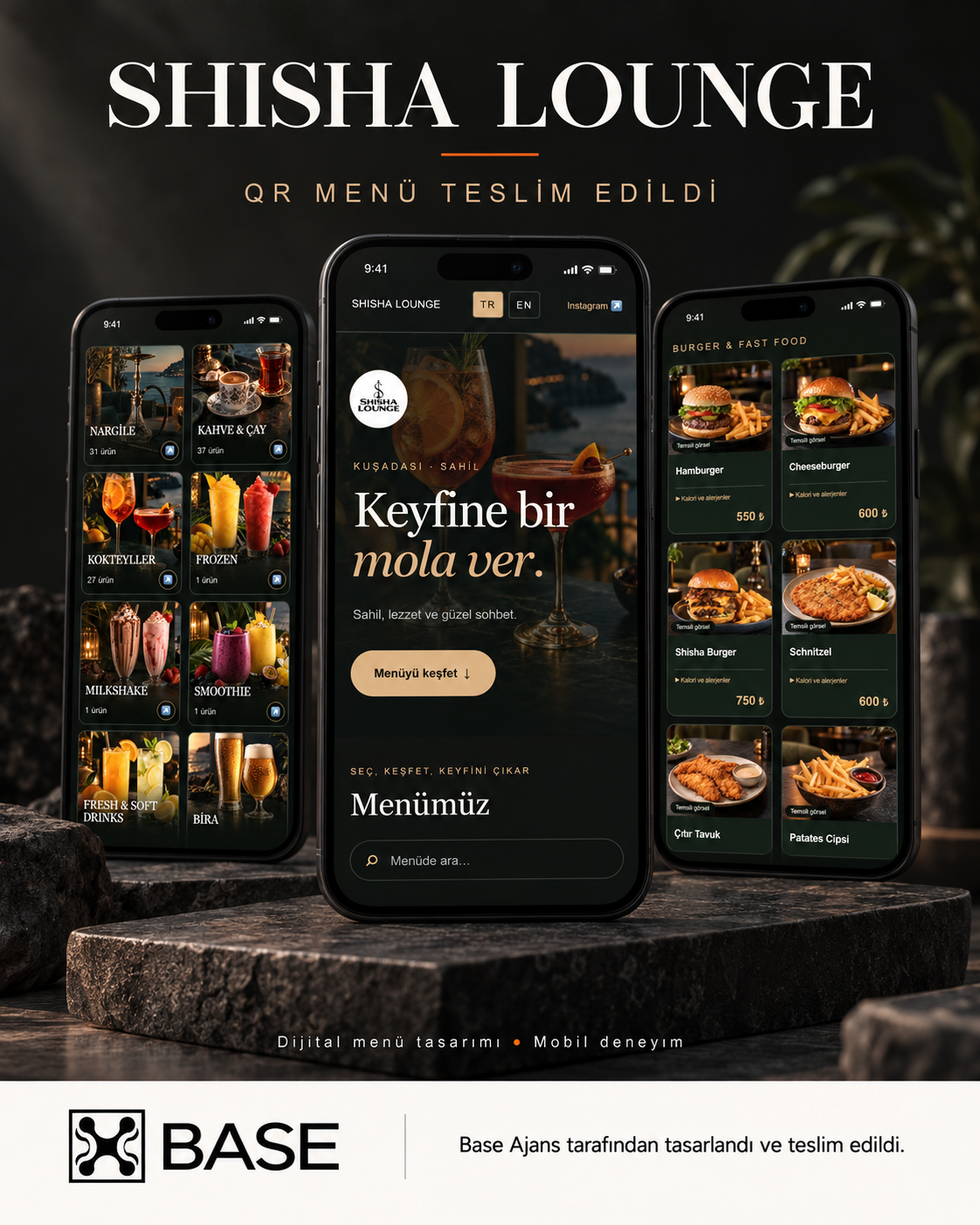 Shisha Lounge QR menü mockup sunumu