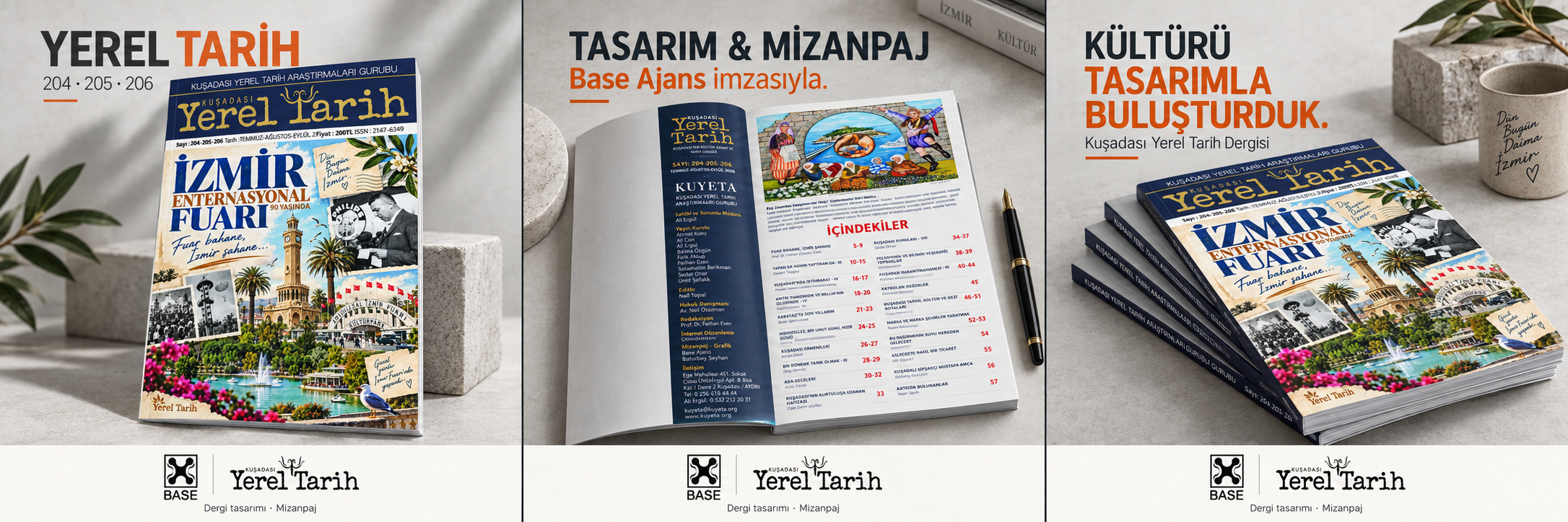 Kuşadası Yerel Tarih Dergisi 204–205–206 birleşik sayısı: Base Ajans tasarım ve mizanpaj mockup sunumu